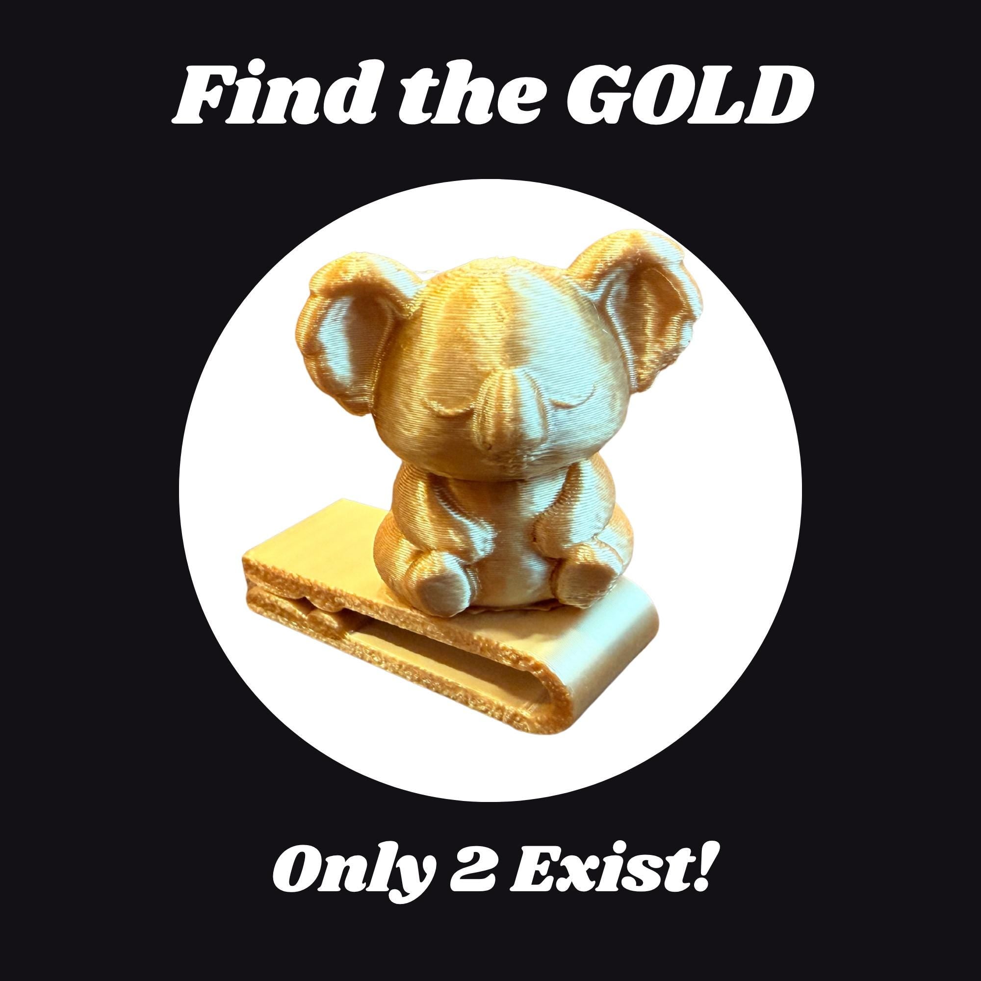 Gold elephant figurine on a white background with text 'Find the GOLD Only 2 Exist!'.