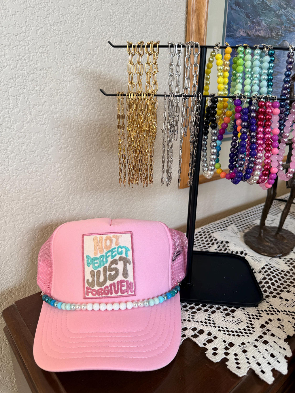 Not Perfect Just Forgiven Pink Trucker Hat