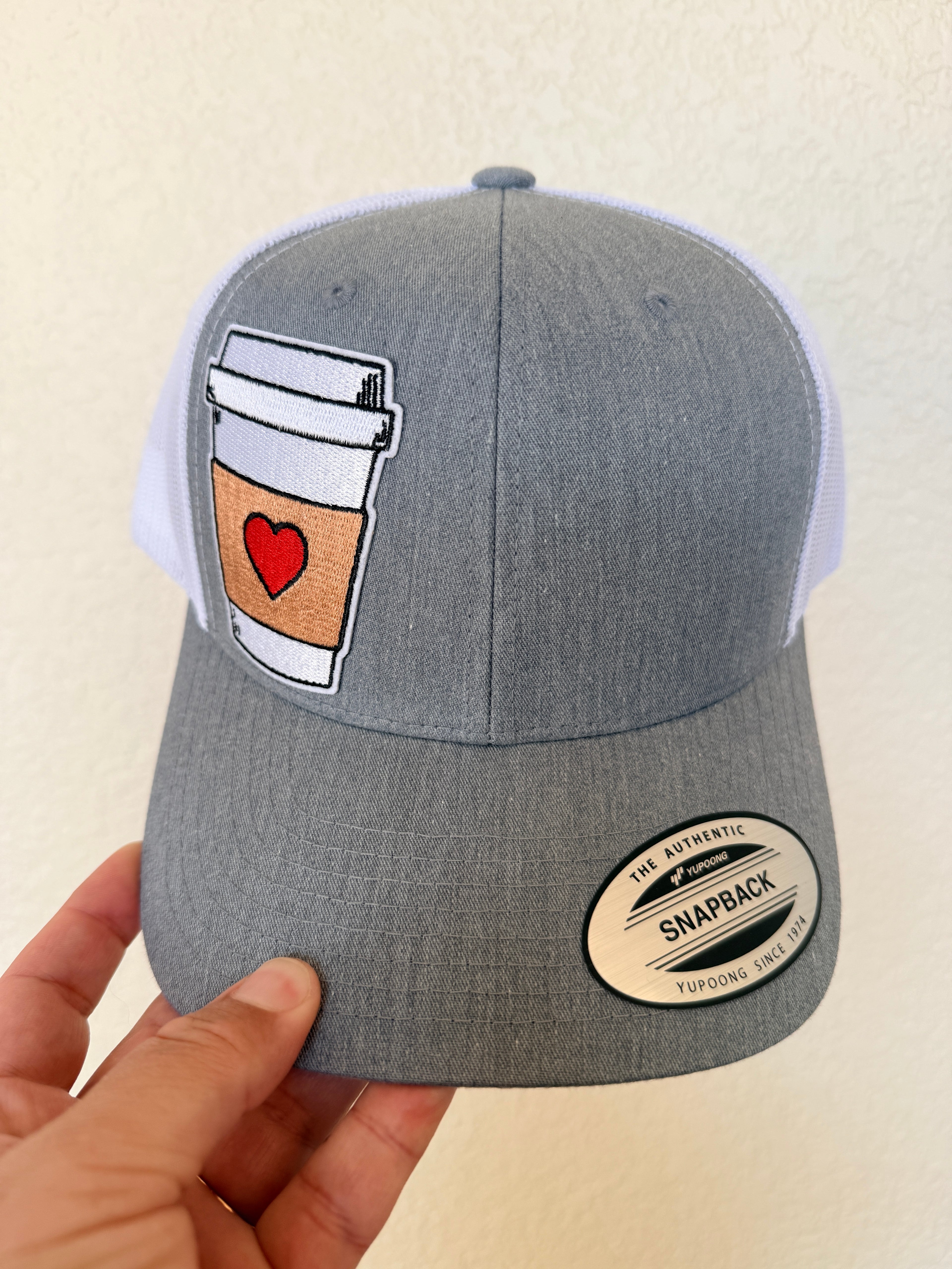 Grey structured trucker hat with embroidered coffee cup heart patch – custom womens hat – Hedrick Hat Co
