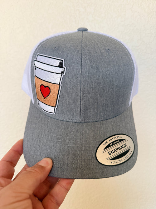 Grey structured trucker hat with embroidered coffee cup heart patch – custom womens hat – Hedrick Hat Co