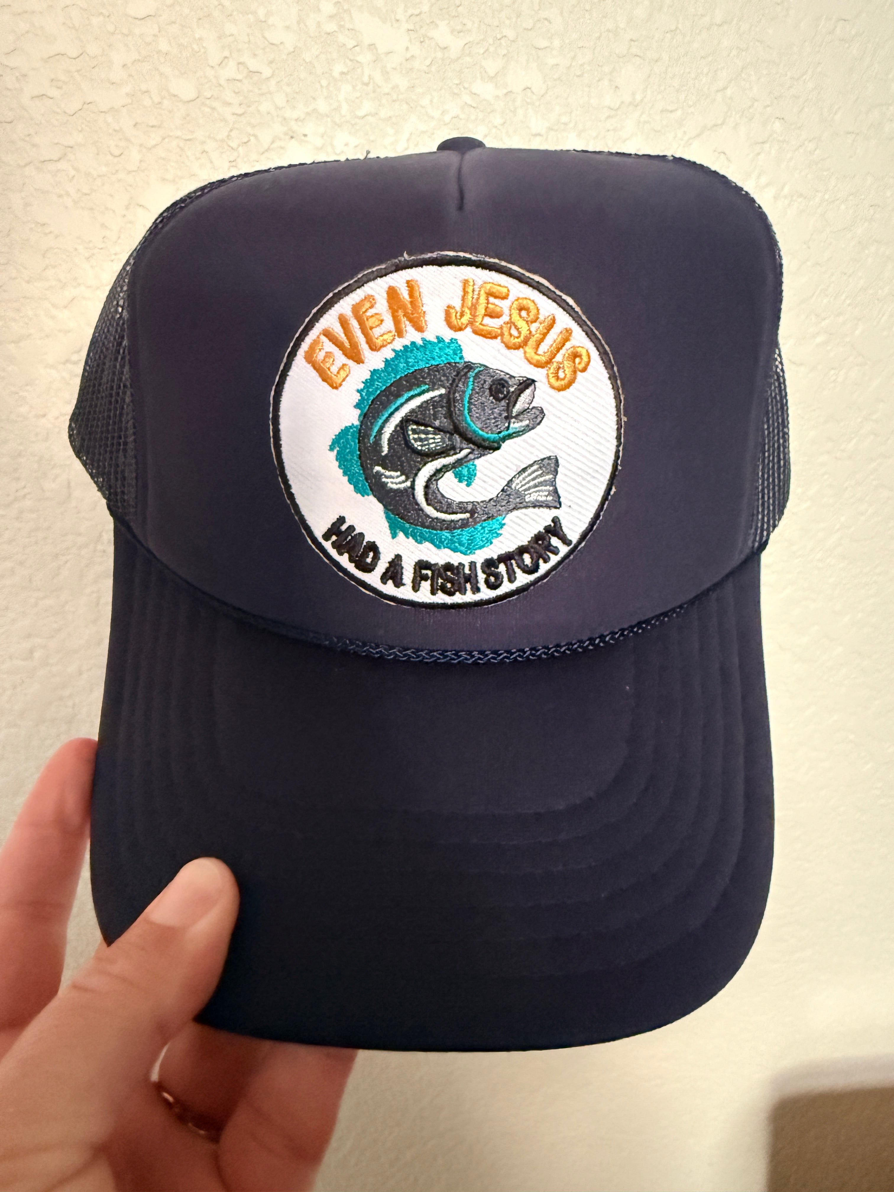 Navy trucker hat with Even Jesus Had a Fish Story embroidered patch – christian faith hat – Hedrick Hat Co