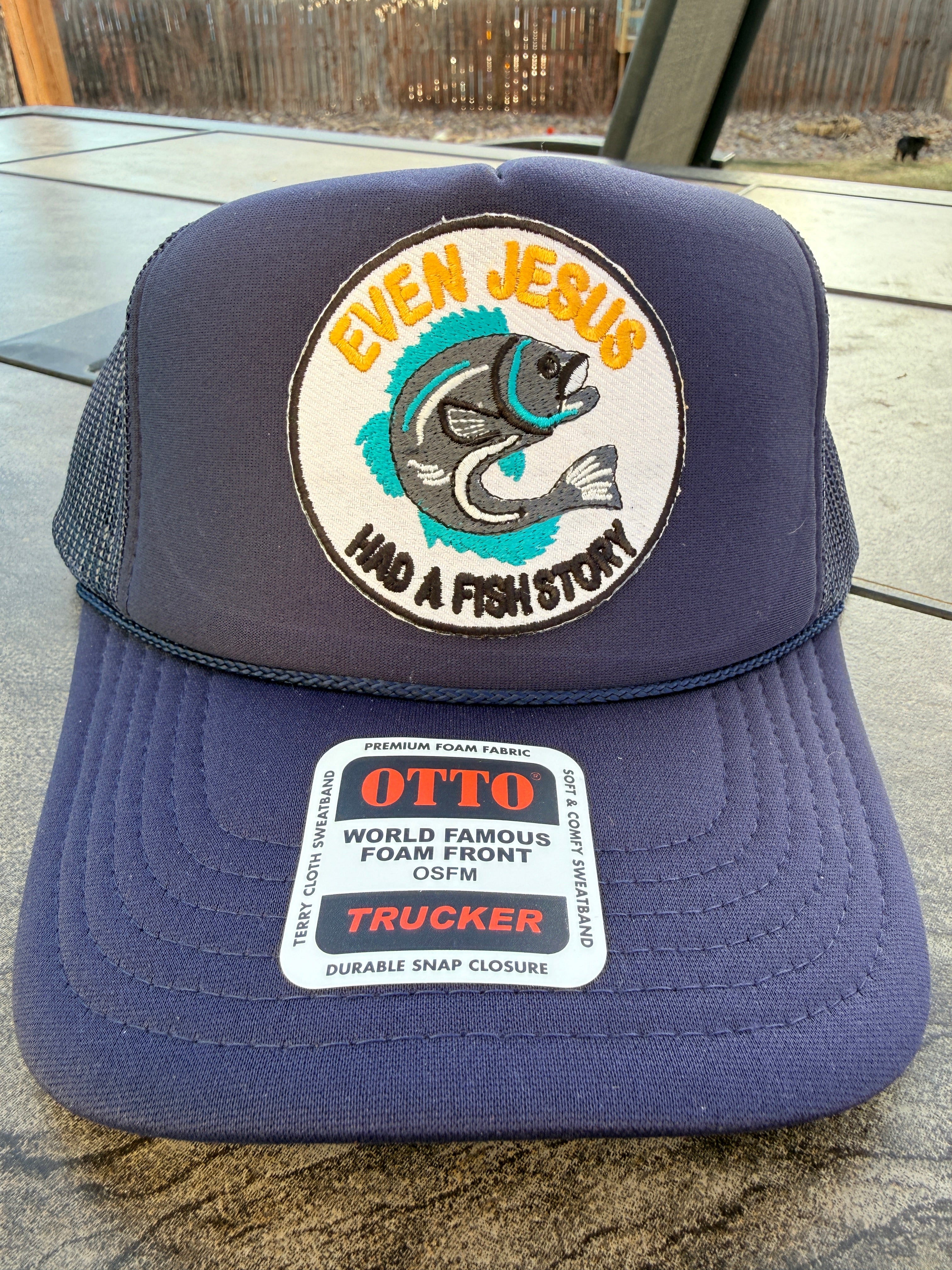 Navy Otto foam front trucker hat with Even Jesus Had a Fish Story patch – structured christian hat – Hedrick Hat Co