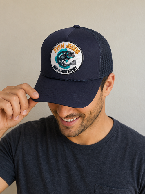 Even Jesus Had a Fish Story Navy Trucker hat