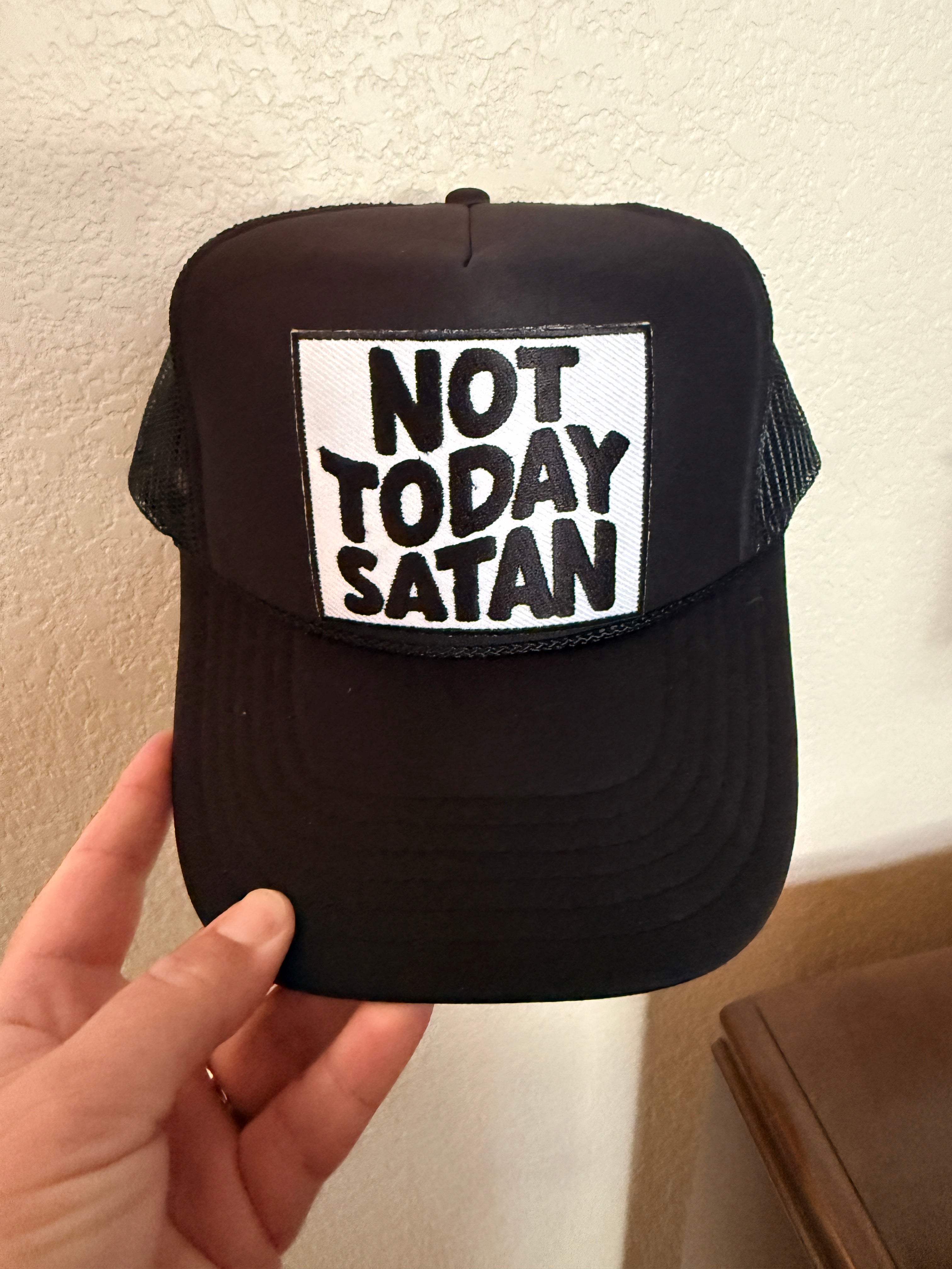 Black foam front trucker hat with Not Today Satan patch – christian faith hat – Hedrick Hat Co