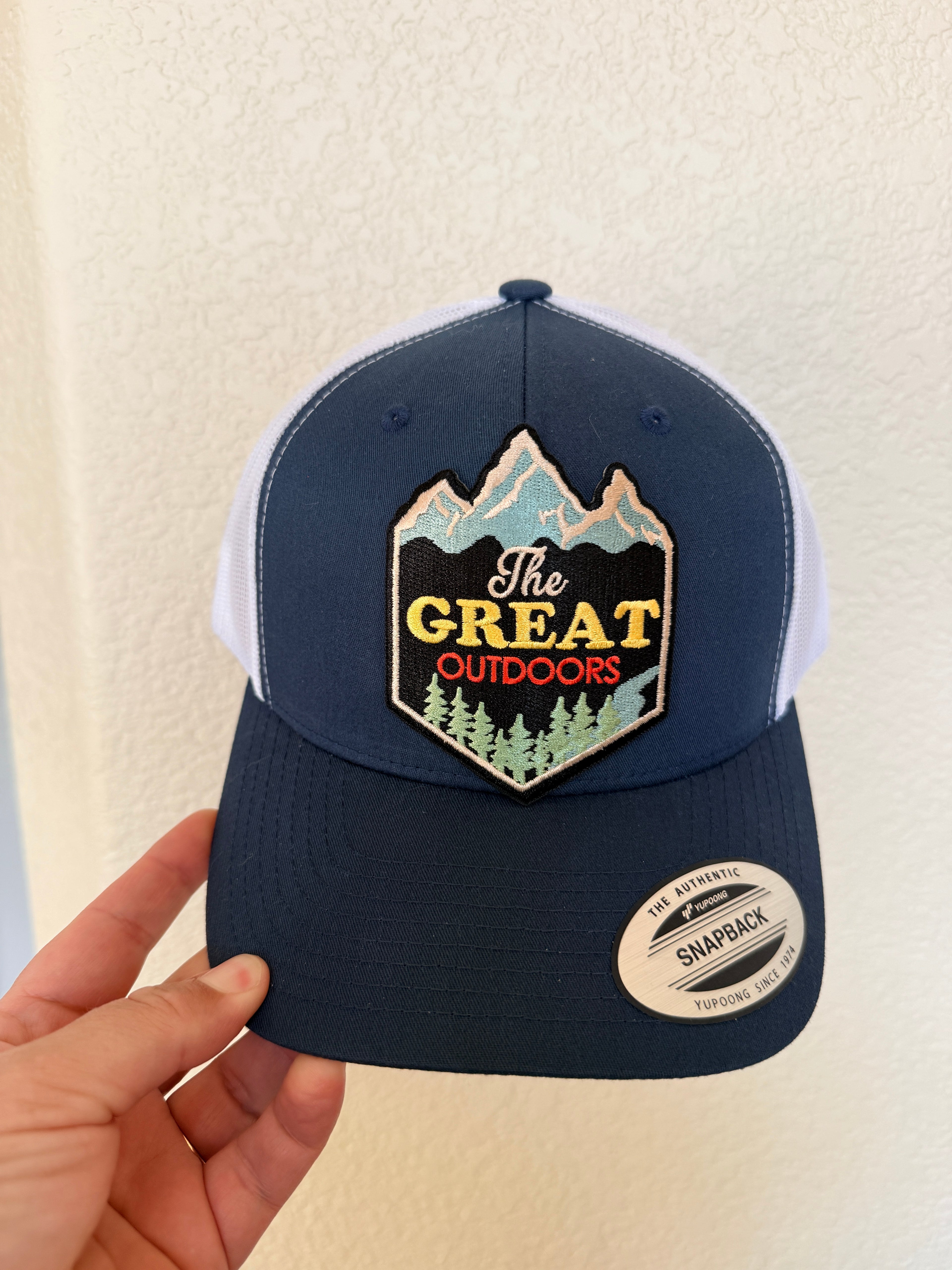 Navy structured trucker hat with The Great Outdoors mountain embroidered patch – custom hat – Hedrick Hat Co